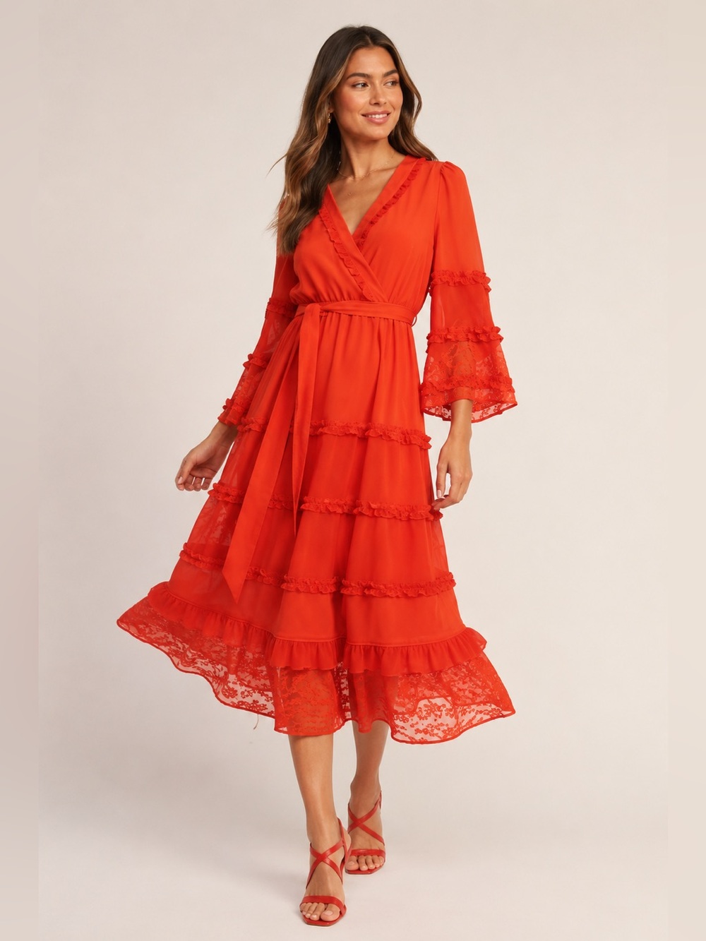 Alexis x Target NWOT Vibrant Red/Orange Bell Sleeve Tie-Waist Ruffle Midi SZ 1X